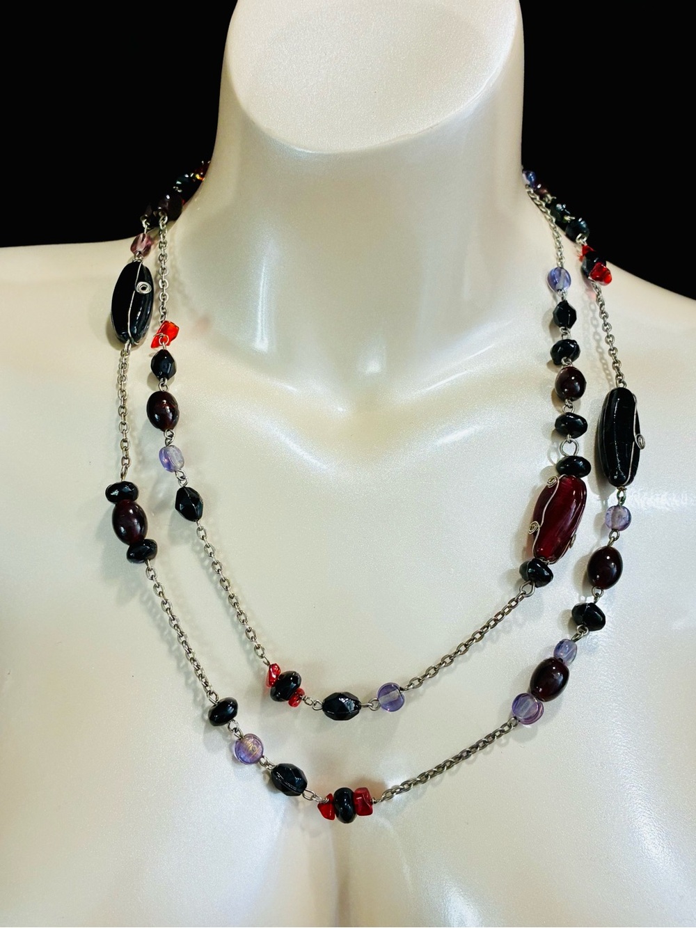 Long Multi-Bead Women's Bohemian Chic Necklace in Black, Red & Purple Glass